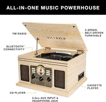 Plays vinyl, CD, cassette and FM radio through built-in stereo speakers, Bluetooth and aux stream... | Amazon (US)