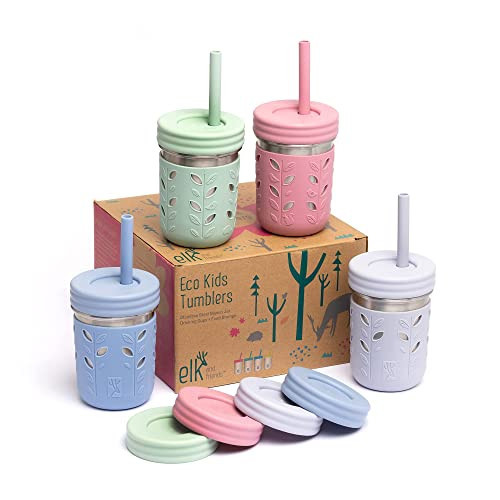 Elk and Friends 10oz Stainless Steel Kids + Toddler Drinking Cups | The Original Mason Jar with Sleeves + Lids | Silicone Straws | Smoothies | Storage Jar | Spill Resistant | Dishwasher Safe | 4 Pack | Amazon (US)