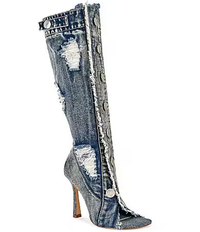 Azalea Wang Kazuki Deconstructed Denim Open Toe Tall Boots - 8.5 | Dillard's