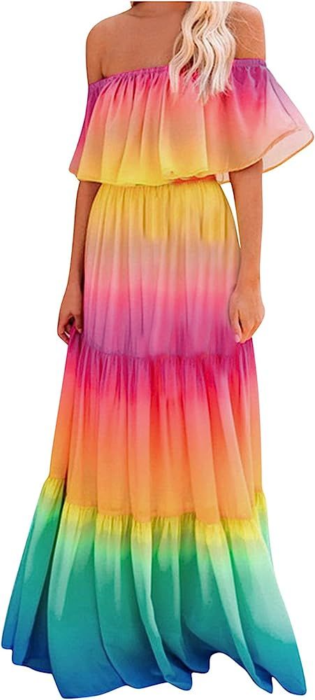 Dress for Women Casual Summer Rainbow Off Shoulder Tiered Maxi Long Dress Bohemia Beach Leisure Part | Amazon (US)