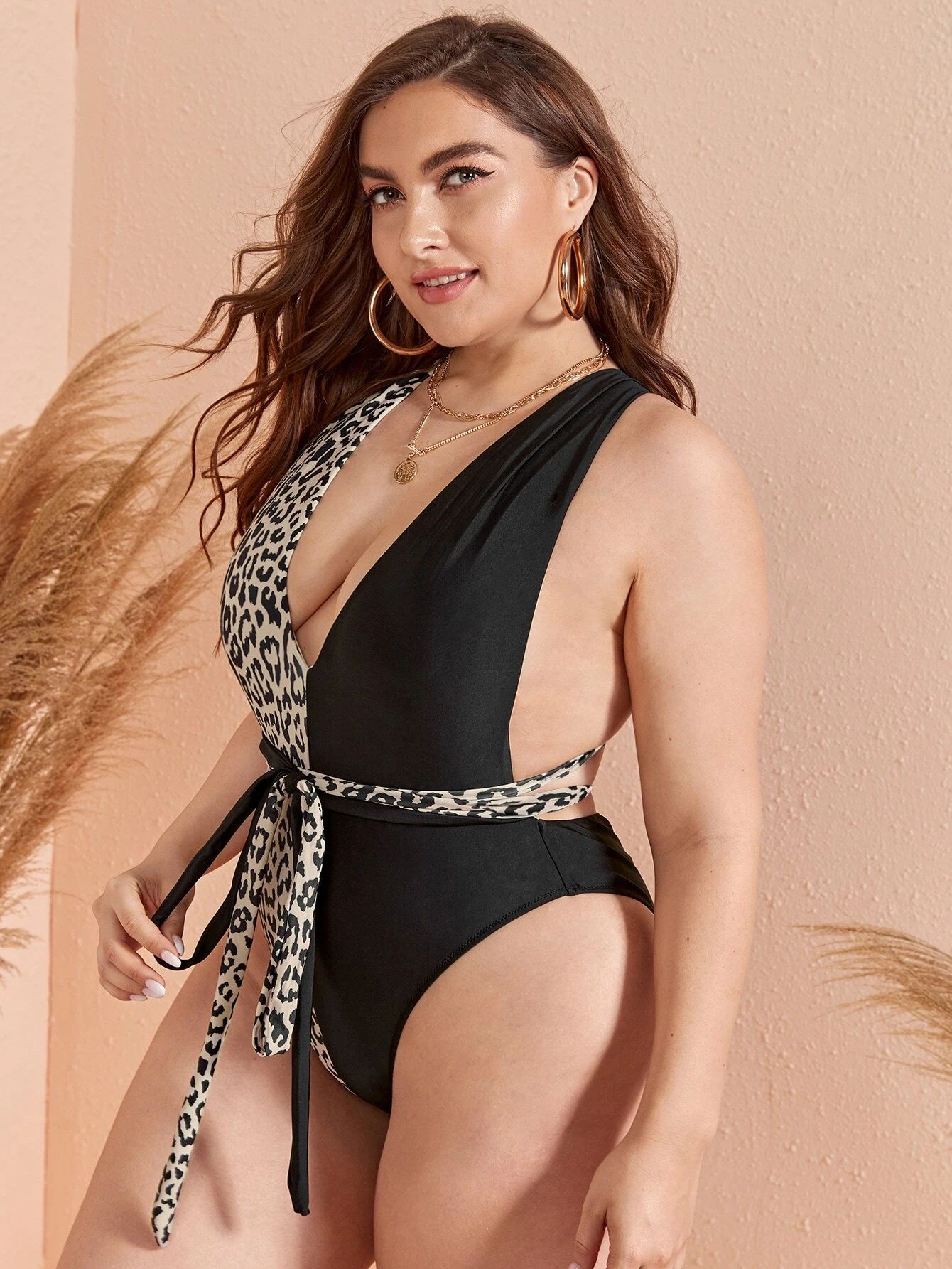 Plus Leopard Tie Front One Piece Swimsuit | SHEIN