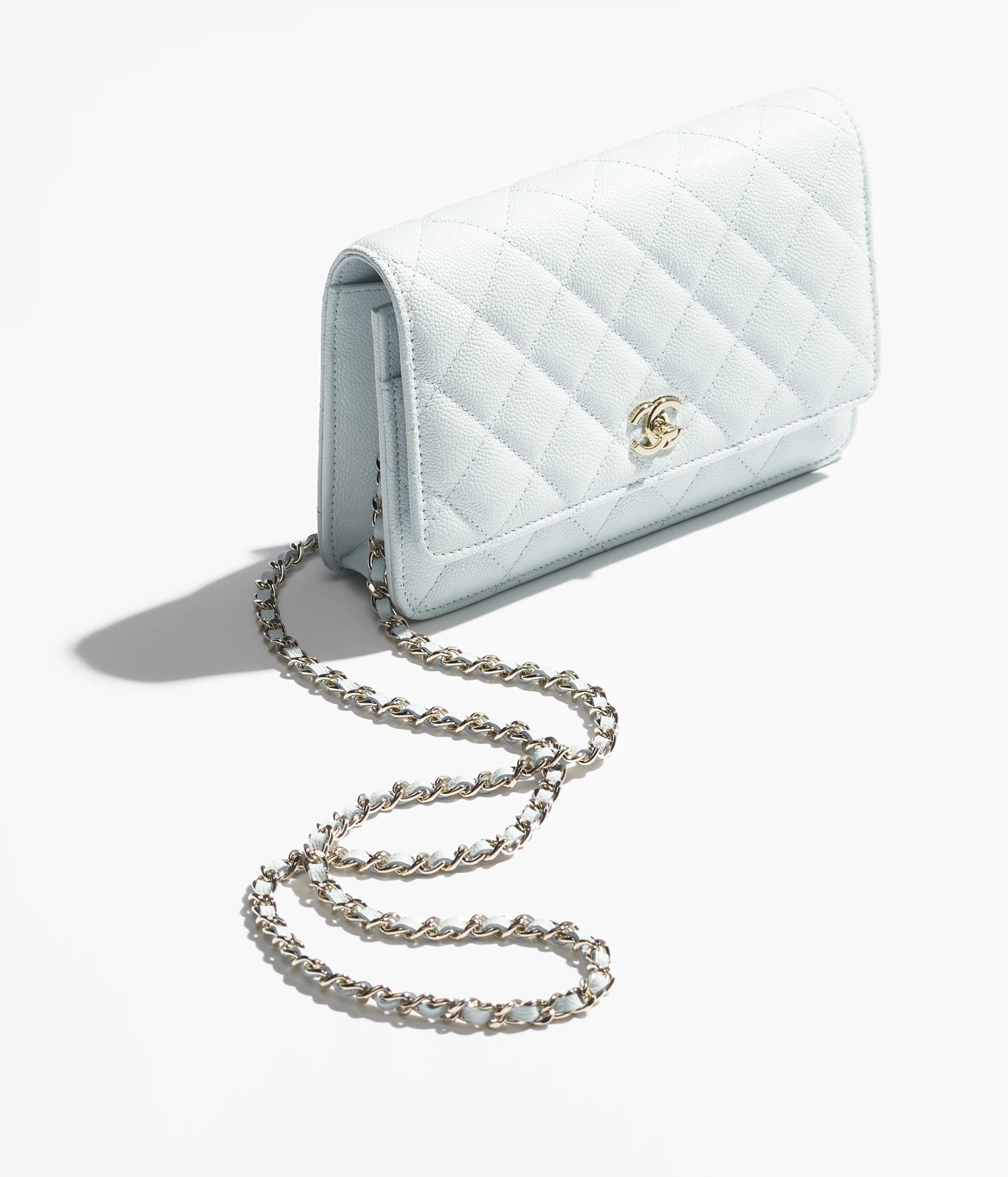 Classic wallet on chain - Grained shiny calfskin & gold-tone metal, light blue — Fashion | CHAN... | Chanel, Inc. (US)