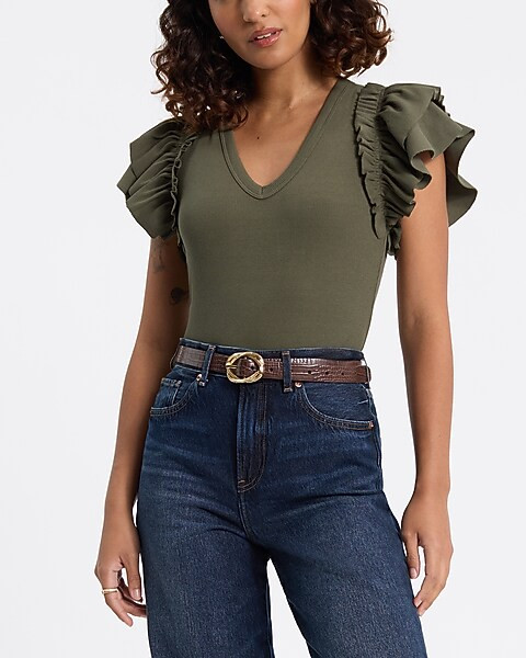 Ribbed V-neck Ruffle Sleeve Bodysuit | Express