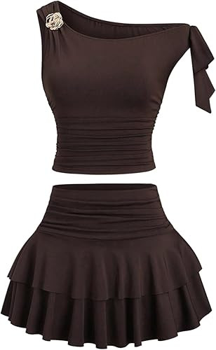 SOLY HUX Women's Two Piece Skirt Set Off The Shoulder Y2k Crop Top Ruffle Mini Skirts Going Out O... | Amazon (US)