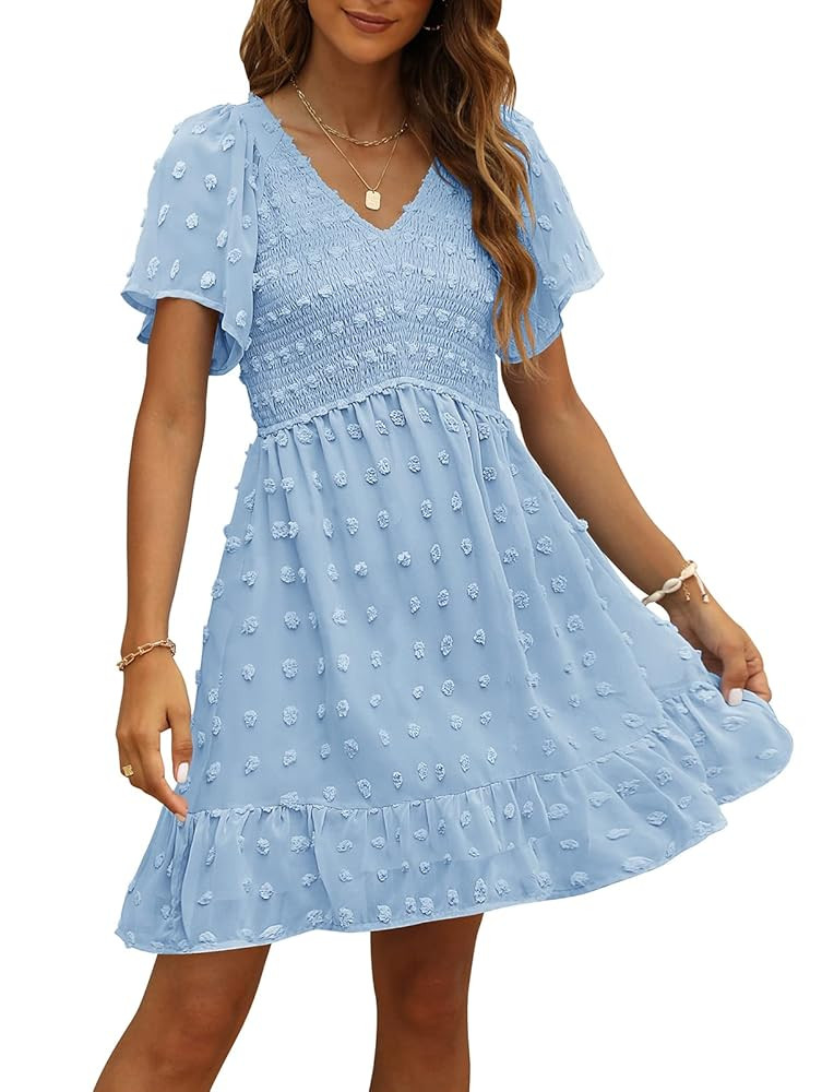 TECREW Womens Smocked Short Sleeve V Neck Mini Dress Summer Swiss Dot Flowy Short Dress | Amazon (US)