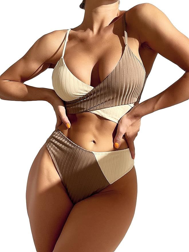 Falainetee Women's 2 Piece Colorblock High Waisted Wrap Spaghetti Strap Summer Swimsuit Bikini Se... | Amazon (US)