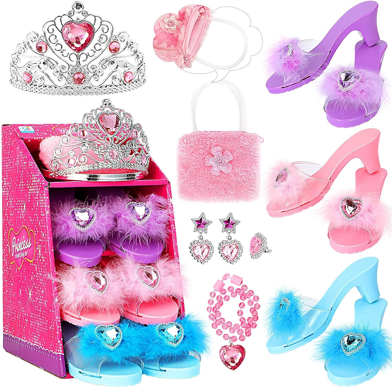 Princess Dress Up Shoes Pretend Play Jewelry Toys Set 3 Pairs of Shoes with Tiara Earrings Neckla... | Amazon (US)