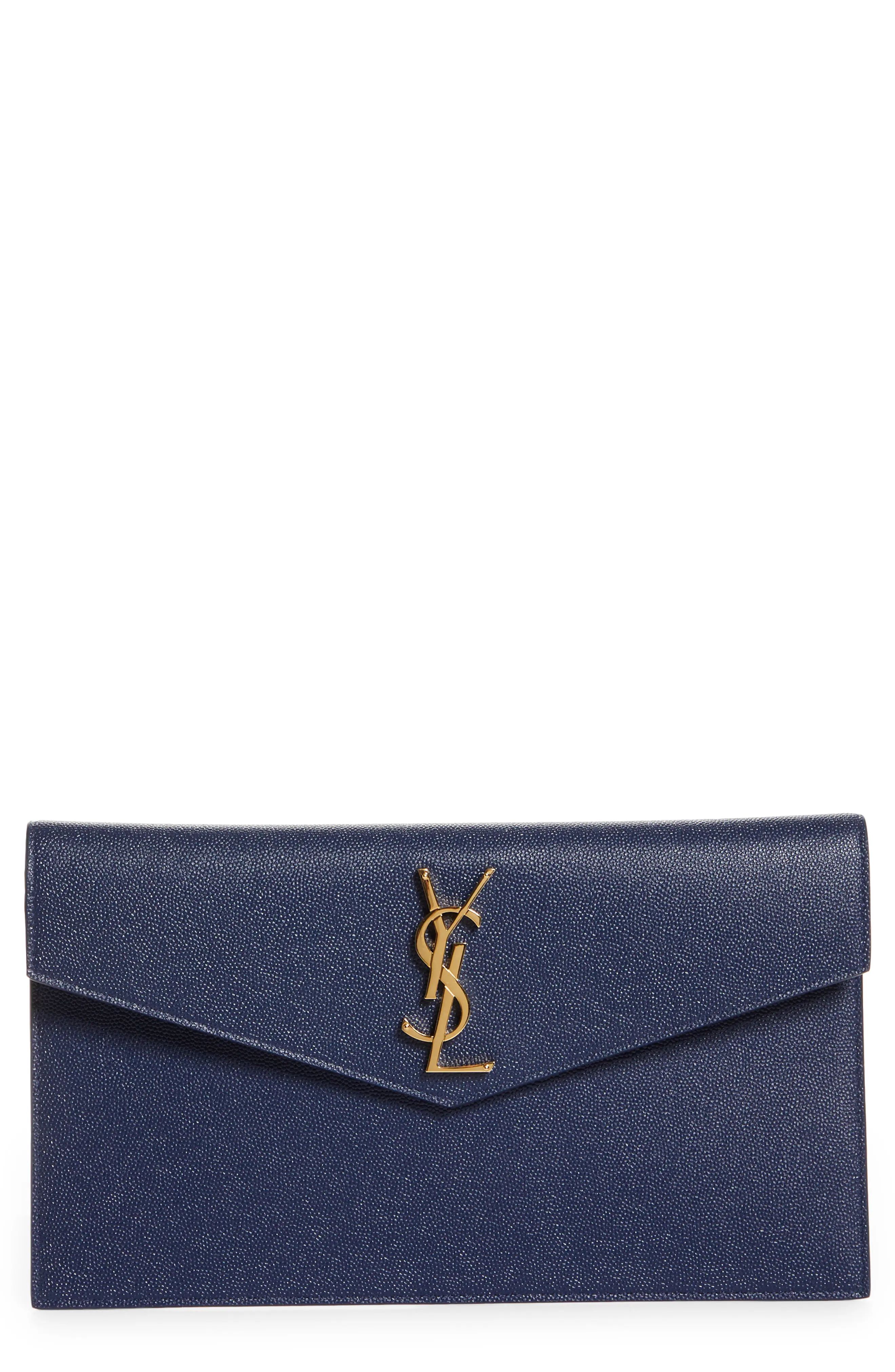 Saint Laurent Uptown Pebbled Calfskin Leather Wallet on a Chain in Blue Charron at Nordstrom | Nordstrom