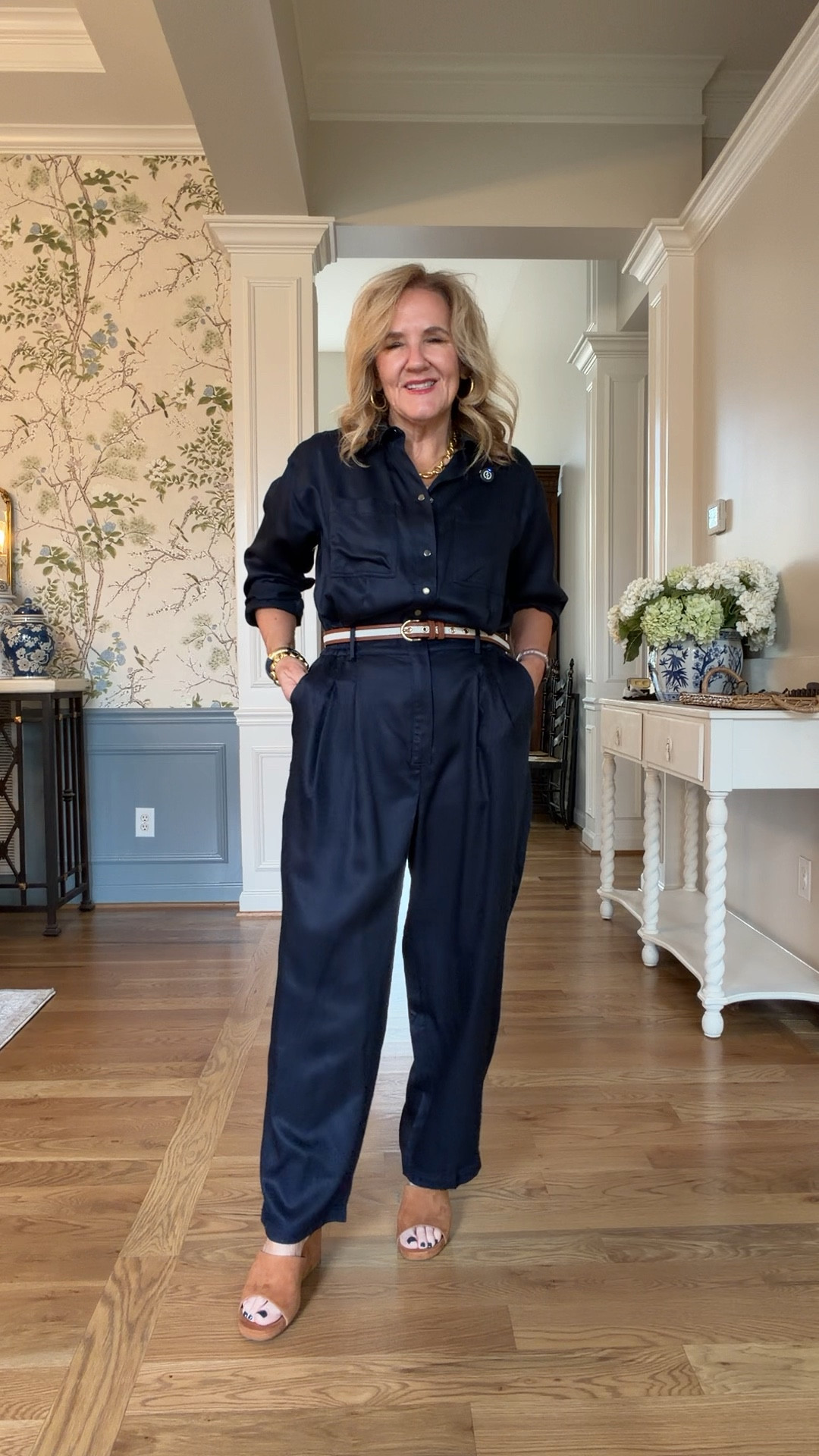 Satin twill jumpsuit wearing size 8/med regular. You could prob size down. 
Add some cognac leather accessories for a spring look  

#LTKTravel #LTKOver40 #LTKSeasonal