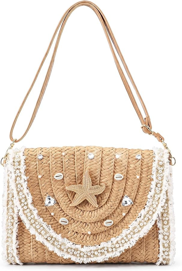 Women Crochet Woven Mesh Handbag Straw Seaside Beach Bag Vacation Summer Tote Purse Wedding Party... | Amazon (US)