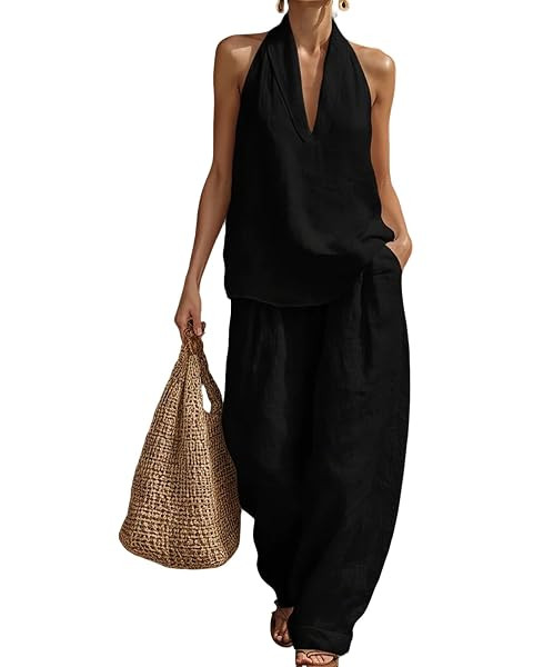 JSLOOO Linen Sets for Womens 2 Piece Outfits Trendy Sleeveless V Neck Halter Tops Wide Leg Pants ... | Amazon (US)