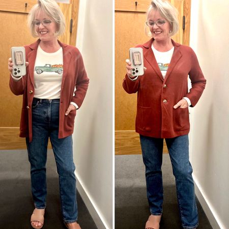 Fall outfit from J Crew Factory. Currently 50% off!
Super comfy jeans with all day stretch, pumpkin trick graphic tee and sweater blazer 

#LTKsalealert #LTKover40 #LTKfindsunder50