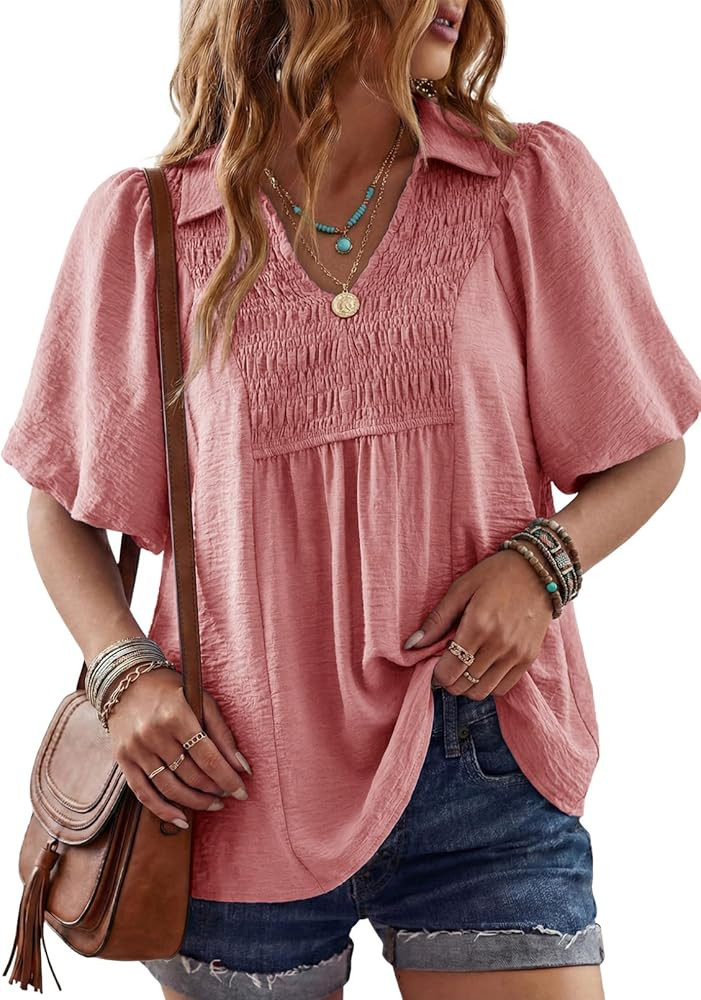 Astylish Womens Dressy Smocked V Neck Babydoll Peplum Tops Summer Puff Sleeve Cute Elegant Ruffle... | Amazon (US)