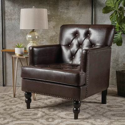 GDFStudio Aurelia Contemporary Tufted Club Chair with Nailhead Trim, Brown/Faux Leather | Target