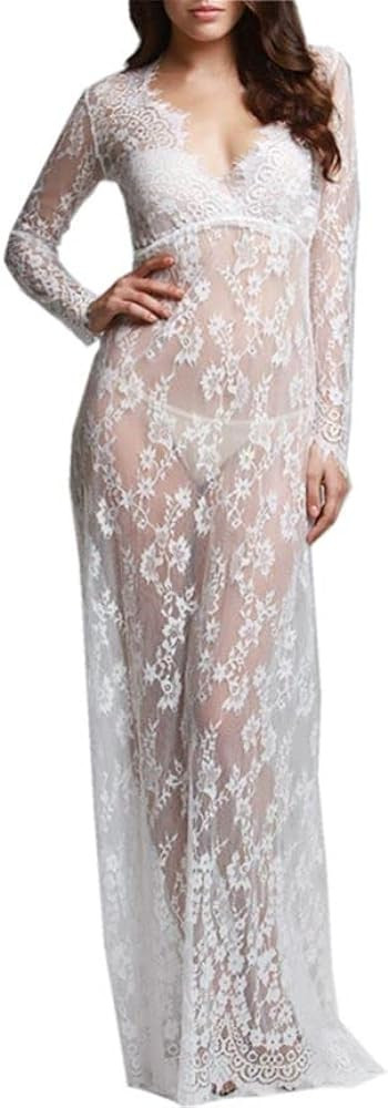 ZIUMUDY Sexy Deep V-Neck Long Sleeve Lace Beach See-Through Maternity Maxi Dress | Amazon (US)