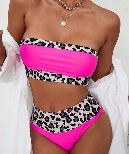 Zesica Neon Pink & Leopard Strapless Bandeau Bikini Top & Bikini Bottoms - Women | Zulily