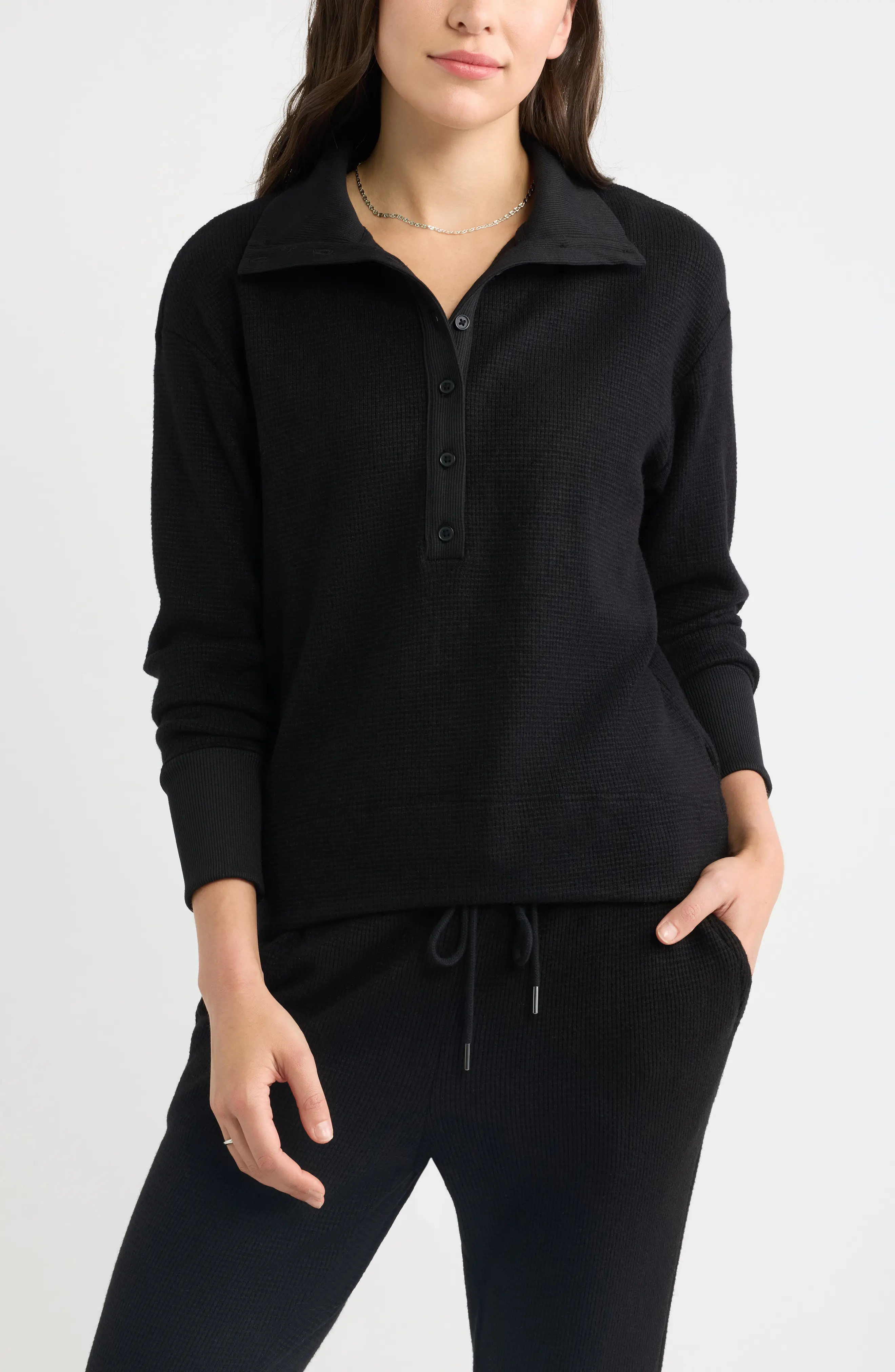 caslon(r) Waffle Button Front Sweatshirt in Tan Doeskin Heather at Nordstrom, Size Medium | Nordstrom