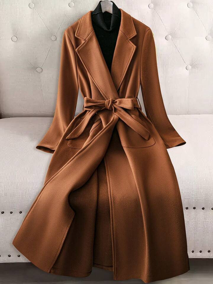 SHEIN Franclia Damen Kamelfarbener Mantel mit Stehkragen und Bindegürtel aus Strick | SHEIN