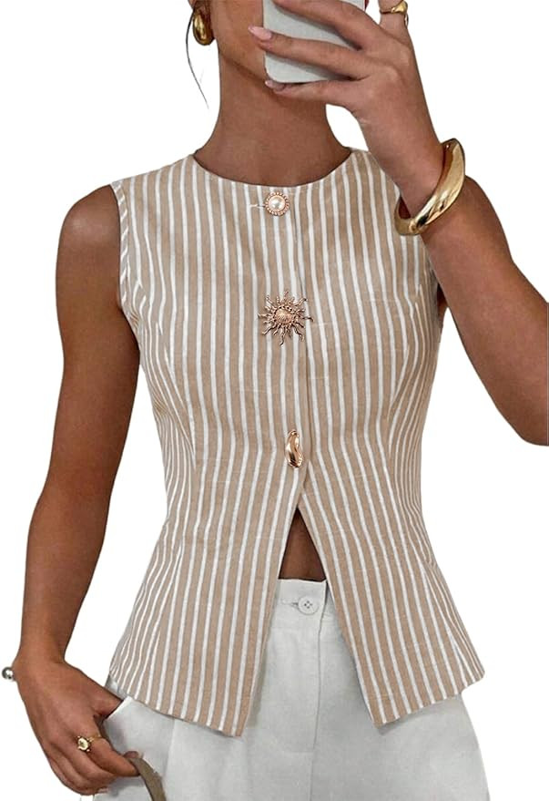 BLENCOT Womens Striped Sleeveless Slim Fit Vest Tops Dressy Crewneck Metal Button Down Business C... | Amazon (US)