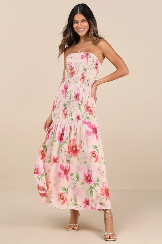 Balbina Beige Floral Smocked Drop Waist Maxi Dress | Lulus