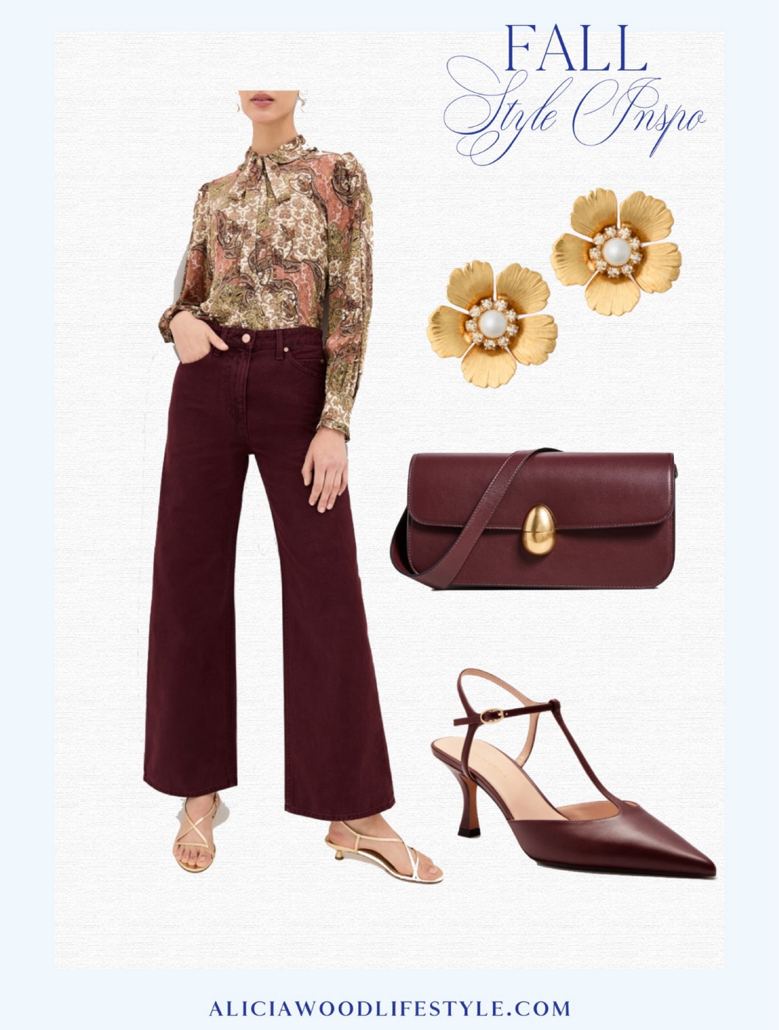 Fall style inspiration 
Burgundy fall trend

Burgundy pants
Floral blouse
Burgundy heel
Burgundy shoulder bag
Floral stud earrings 

#LTKOver40 #LTKStyleTip #LTKSeasonal
