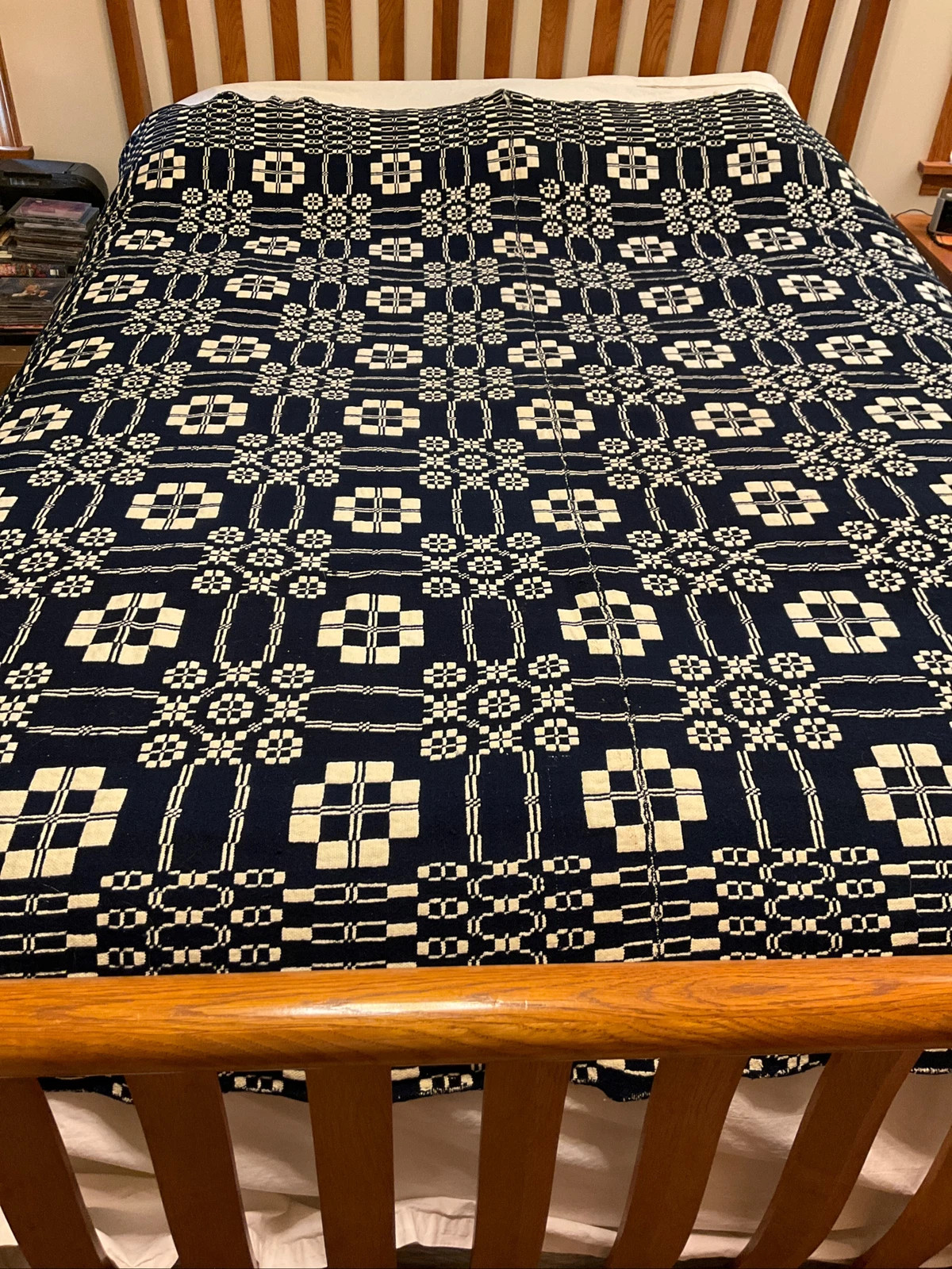 Antique Jacquard Woven Coverlet Hand Loomed in Indigo Blue White Wool Reversible  | eBay | eBay US