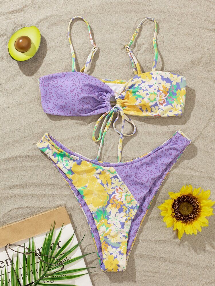 Floral Graphic Tie Front Bikini Swimsuit | SHEIN