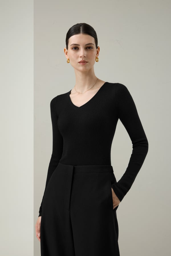 LILYSILK Women's Silk-Cashmere V-Neck Bodysuit Black Size S | LILYSILK