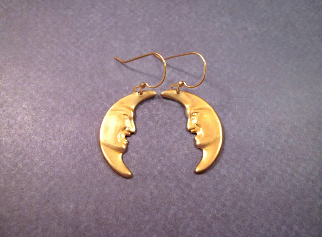 Crescent Moon Earrings, Man in the Moon, Raw Brass and Gold Dangle Earrings, FREE Shipping - Etsy | Etsy (US)