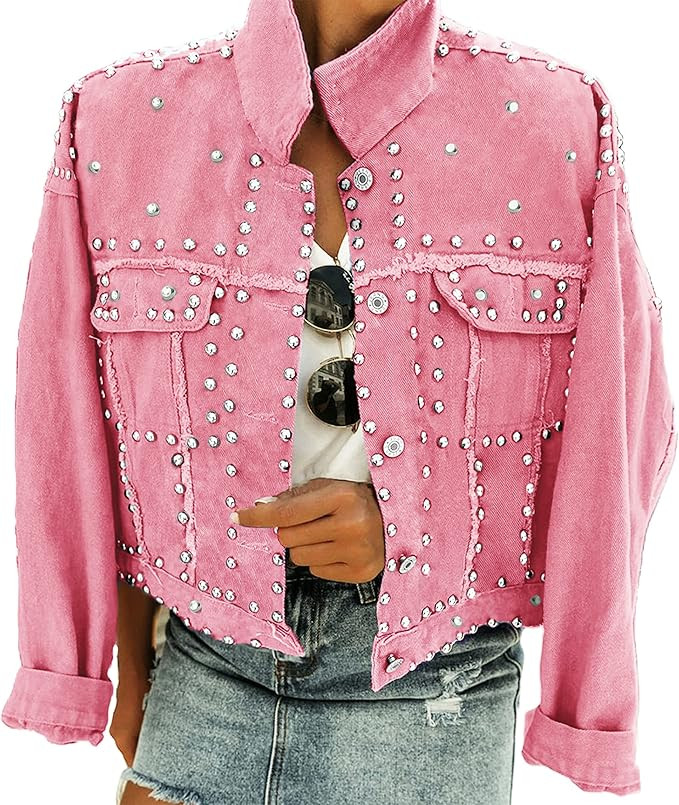 Omoone Women's Long Sleeve Rivet Studded Denim Jacket Casual Washed Pearl Short Jean Coat | Amazon (US)