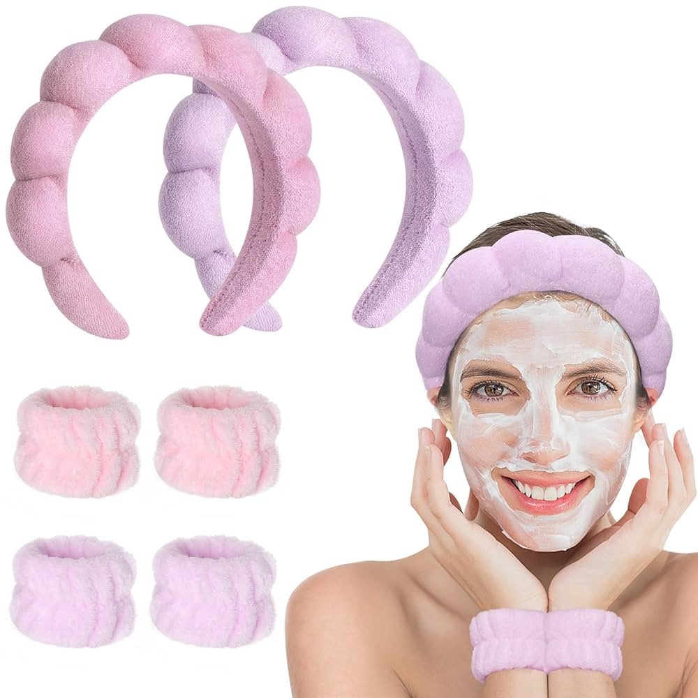 Spa Headband Set for Face Washing - Makeup Headband, Wristband and Terry Cloth Bubble Mask for Wo... | Amazon (US)