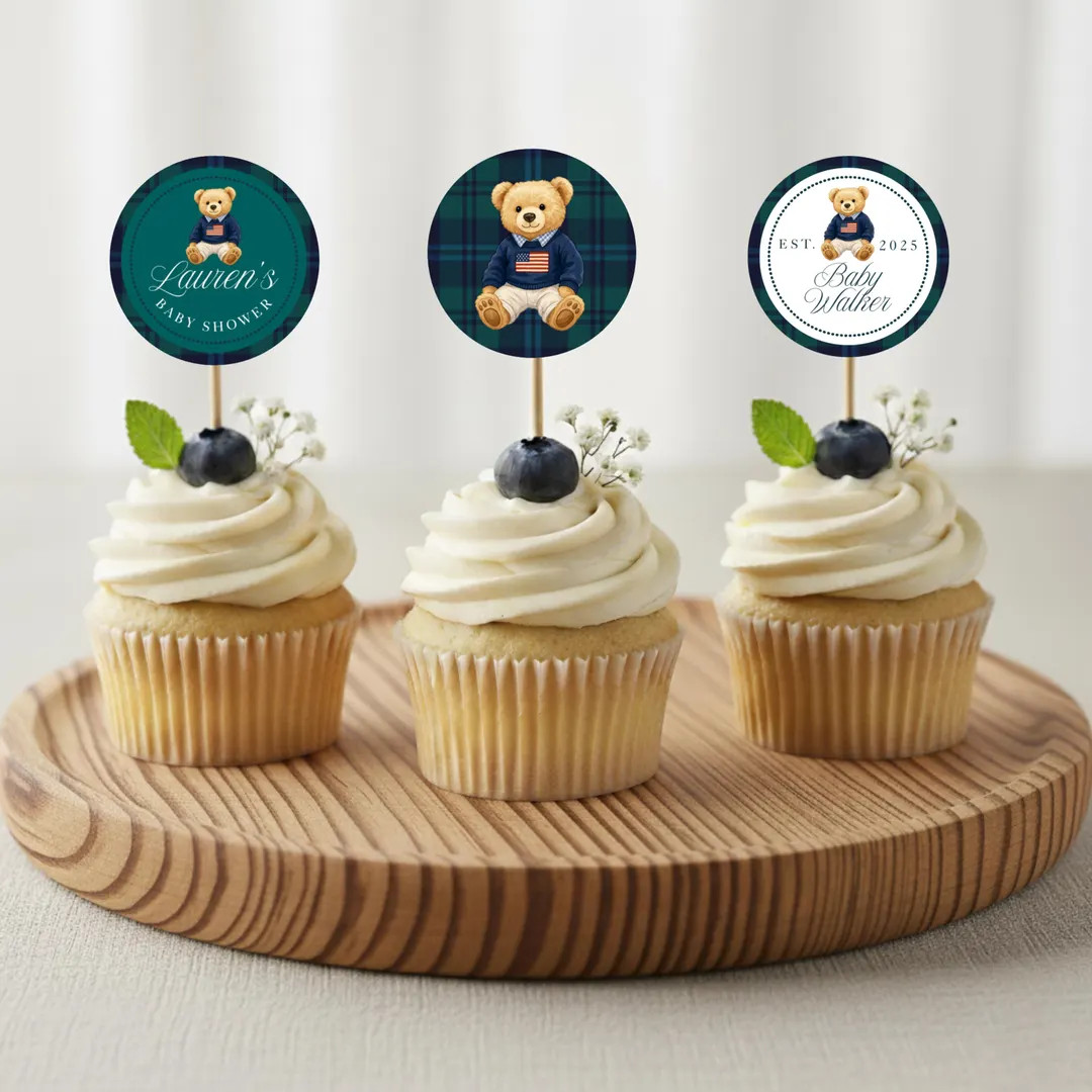 Plaid Polo Teddy Bear Baby Shower Cupcake Toppers, Plaid Teddy Bear Circle Favor Gift Tags, Edita... | Etsy (US)