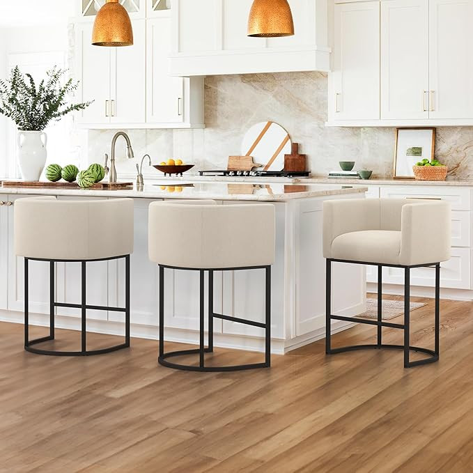 LUE BONA 27" H Counter Height Bar Stools Set of 3, Modern Barrel Counter Stools with Backrest and... | Amazon (US)