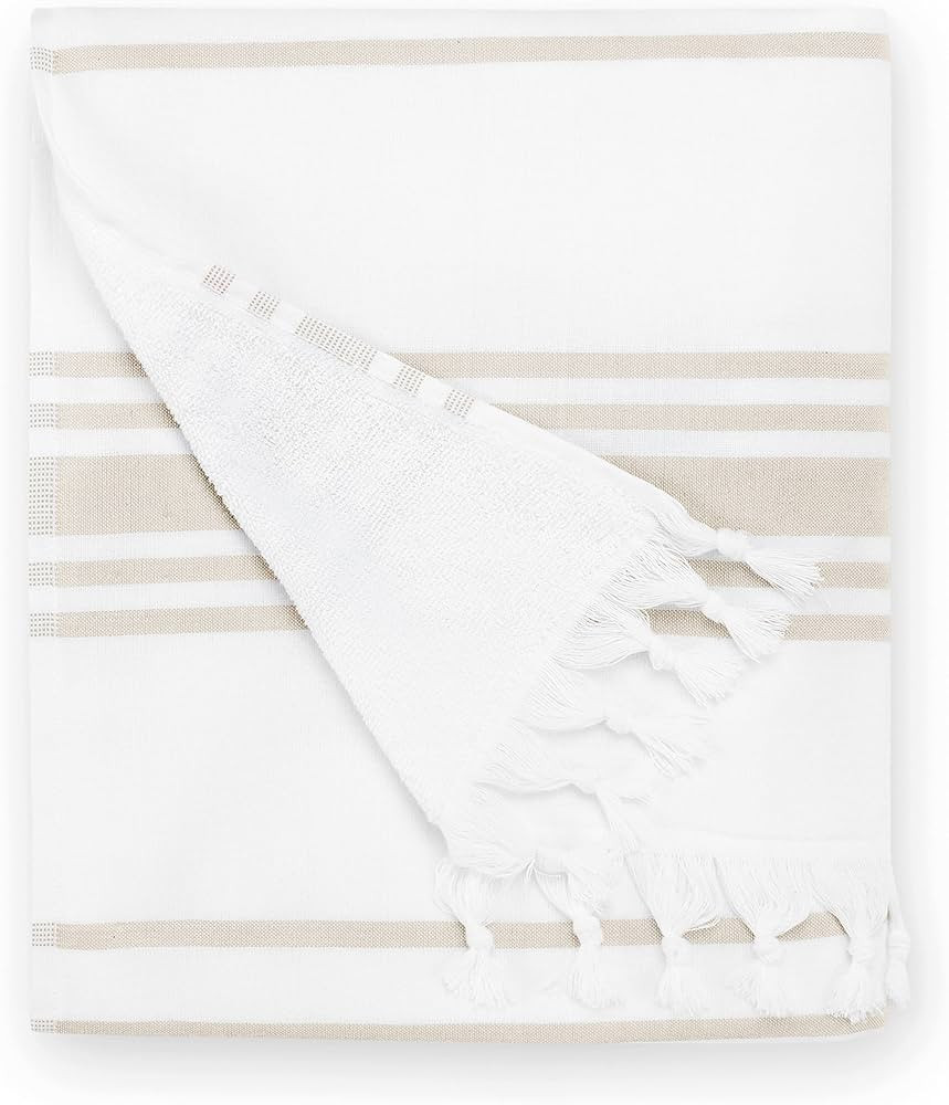 Laguna Beach Textile Co. Soft Turkish Fouta Beach Towel - White & Dune Tan, 400 GSM | Amazon (US)