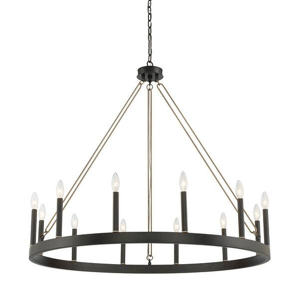 12 Light 40In Modern Farmhouse Wagon Wheel Chandelier - Black & Brass | Bed Bath & Beyond