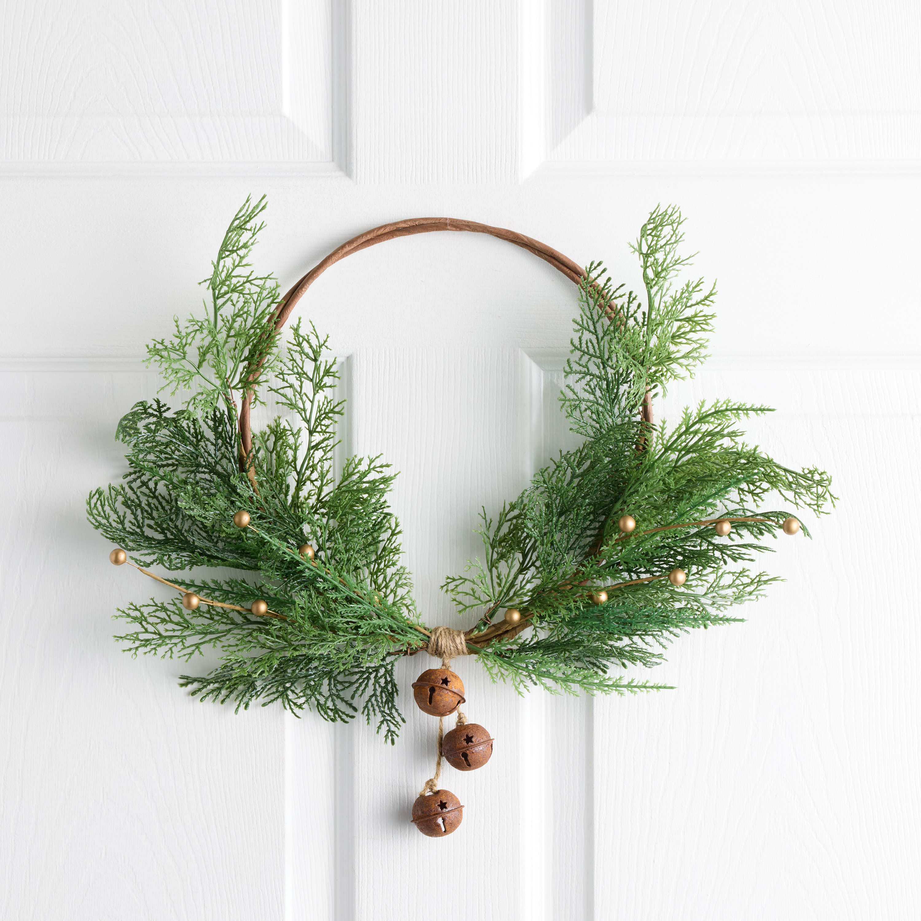 Green Faux Cedar and Gold Berry Ring Wreath with Bells | World Market