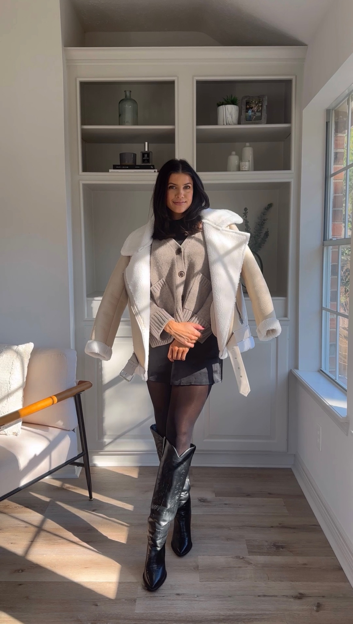 Capsule wardrobe outfit from amazon
Black sleeveless tank size medium
Satin mini skirt size medium 
Western inspired Boots are TTS and so comfortable 
Cardigan is a size medium 
Sherling Jacket in a size medium 


#LTKsalealert #LTKSeasonal #LTKstyletip