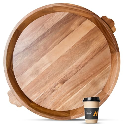 Wooden Serving Tray, 20" Round Wood Ottoman Tray Decorative Tray Charcuterie Board for Party, Breakfast, Lunch, Dinner, Appetizers, Patio, Ottoman, BBQ | Amazon (US)
