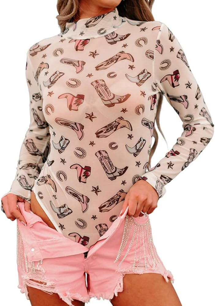 Apvirdy Western Mesh Top Bodysuit Women See Through Cowboy Shirt Mock Neck Country Concert Sheer ... | Amazon (US)