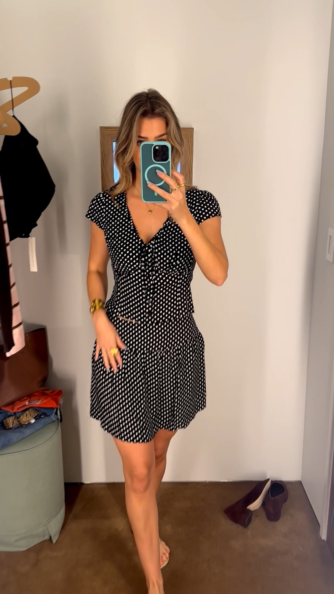Matching polka dot set from Reformation (wearing size 4). One of my favorite things about the Reformation brand if you aren’t familiar, is how sustainable and ethical their pieces and practices are. It’s on the pricier side but the quality is amazing and you can feel good about buying 🫶🏼 #Reformation#SustainableFashion#MatchingSet#PolkaDots
