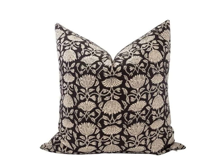 AMARI || Floral Block Print Pillow Cover Black and Tan Floral Fall Pillow Modern Farmhouse Cottag... | Amazon (US)