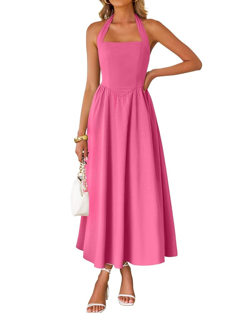 ZESICA Women's Summer Sleeveless Halter Midi Dress 2025 Off Shoulder High Waist Swing Flowy Beach... | Amazon (US)