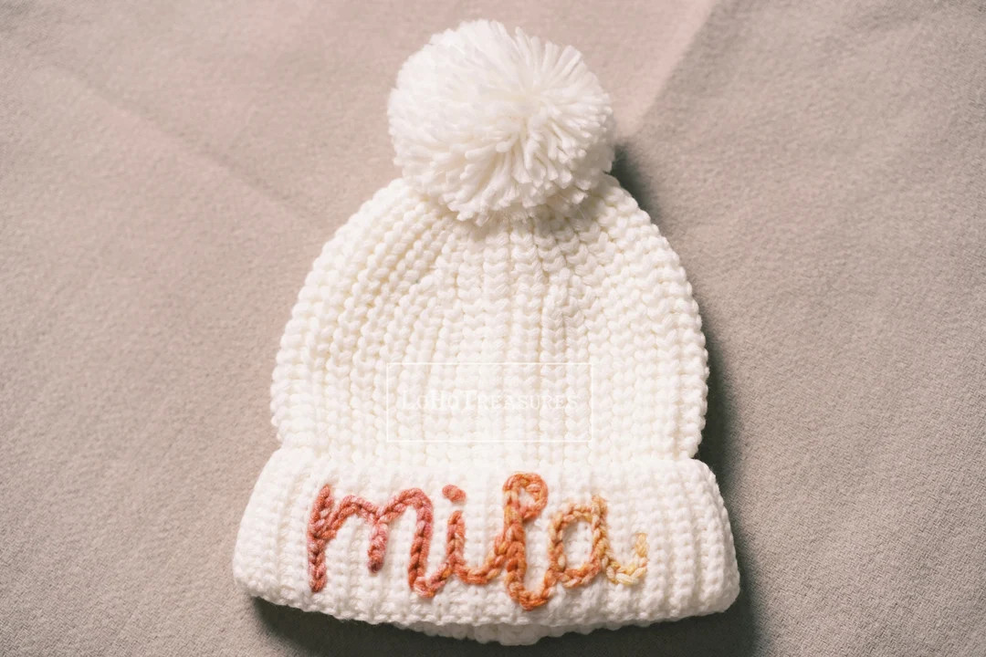 Warm and Cozy Gift: Personalized Knit Pom Pom Beanie for Kids Embroidered Winter Headwear, Ideal ... | Etsy (US)