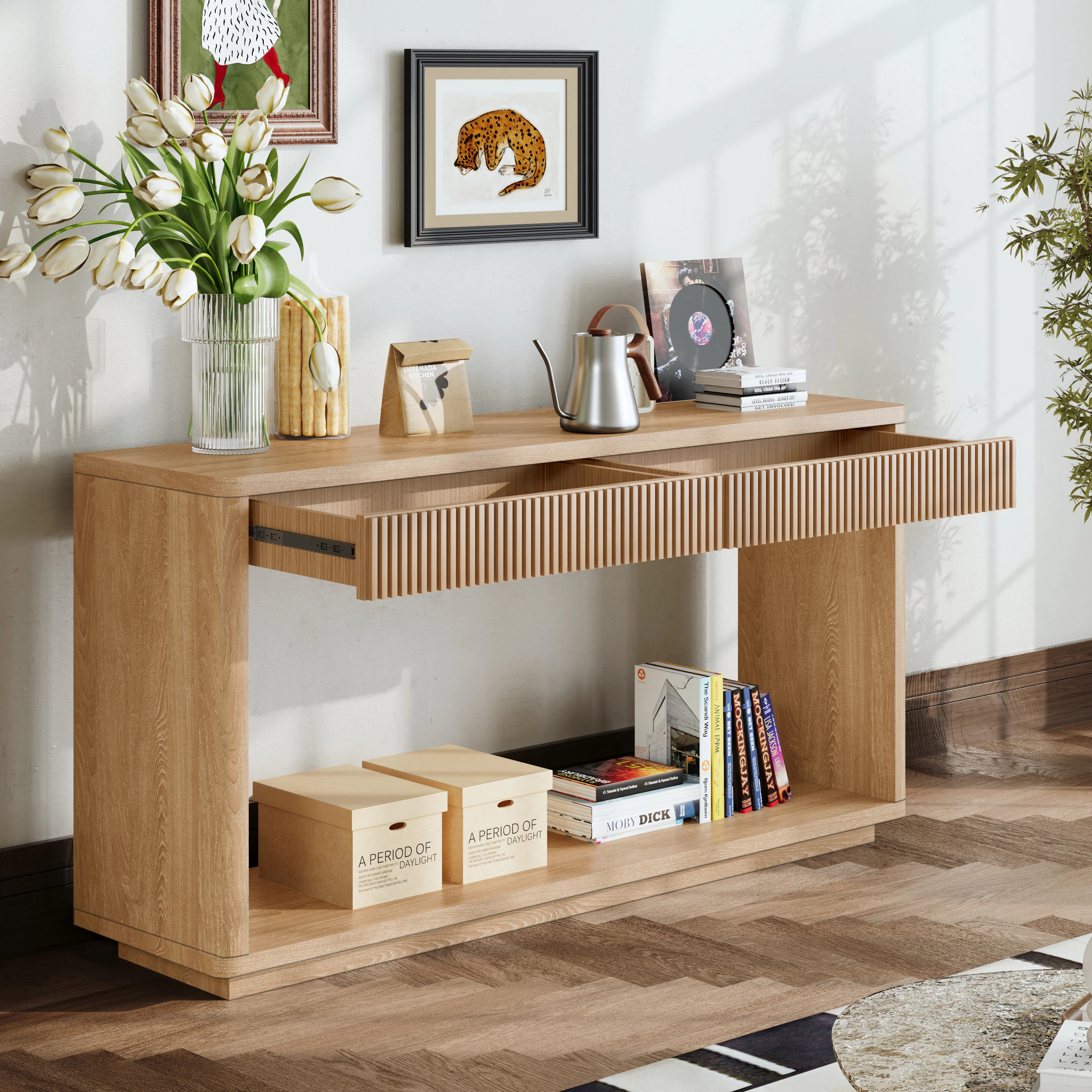 Tinyhomie 60in Modern 2-Drawer Fluted Console Table Natural Wood Veneer Sofa Table Behind Couch Table for Living Room Hallway Entryway Home Office | Lowe's