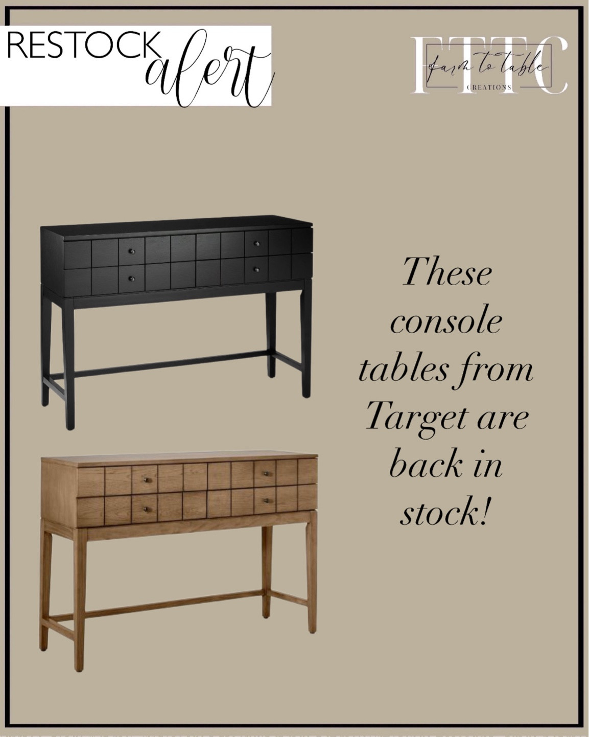 Restock Alert. Follow @farmtotablecreations on Instagram for more inspiration.

These beautiful console tables from Target have been restocked. Henrieville Console Table - Threshold designed with Studio McGee. Console Table. Entryway Table  

#LTKstyletip #LTKhome