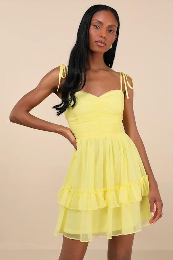 Angelic Approach Yellow Chiffon Ruffled Tie-Strap Mini Dress | Lulus