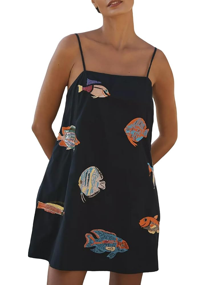 Women Boho Mini Cami Dress Graffiti Spaghetti Strap Aline Fruit Dress Cute Colofrul Short Beach S... | Amazon (US)