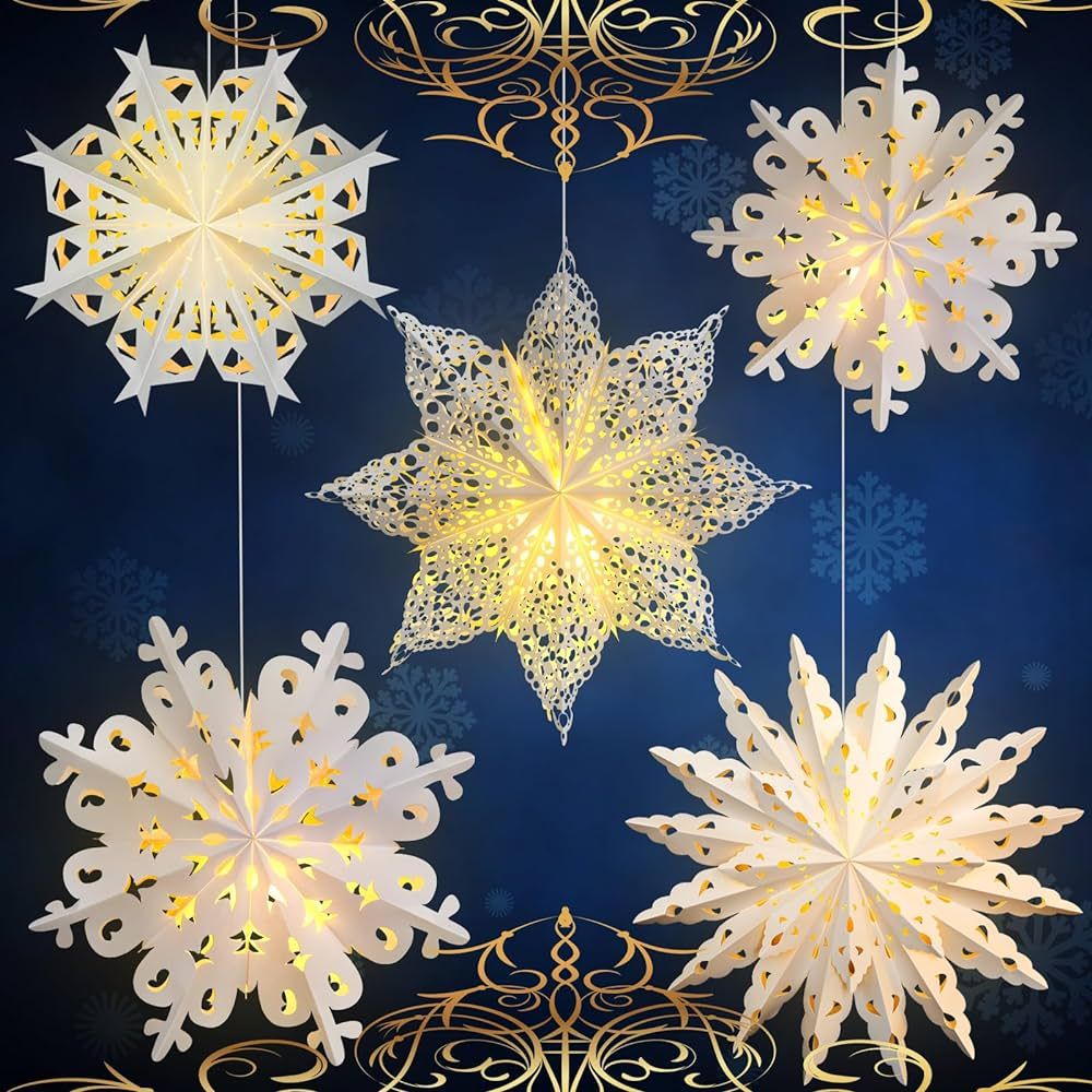 5 Pieces Christmas Snowflake Paper Lantern with 7 Light Star Paper Lantern Paper Lamp Frozen Part... | Amazon (US)