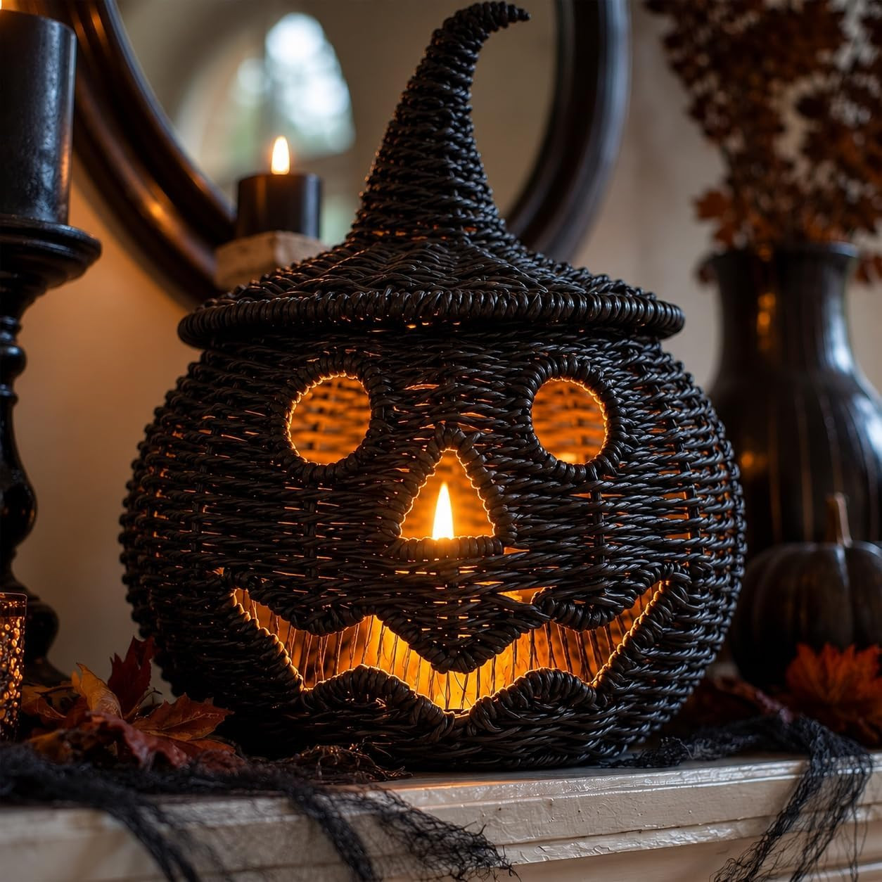 Black Handwoven Seagrass Pumpkin Jack-O-Lantern for Spooky Halloween Candy Storage, Rattan Pumpkin Ornament with Witch Hat Lid & Cutout, Includes LED Candle for Glow, Rustic Fall Decor | Amazon (US)