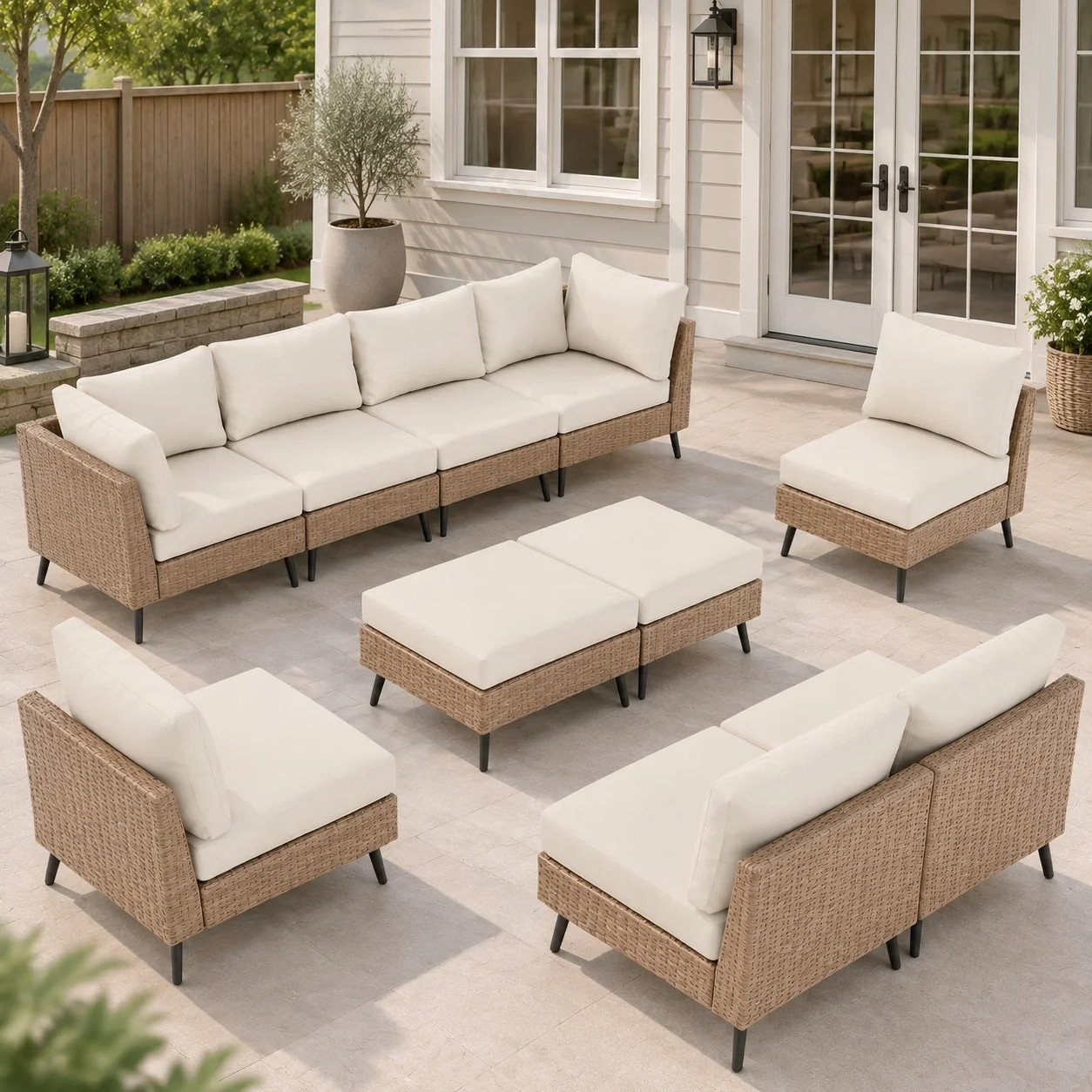 LAUSAINT HOME 10 Pieces Outdoor Furniture Set, Patio Rattan Wicker Sectionals with 8 Chairs and 2 Ottomans, Beige Cushions - Walmart.com | Walmart (US)